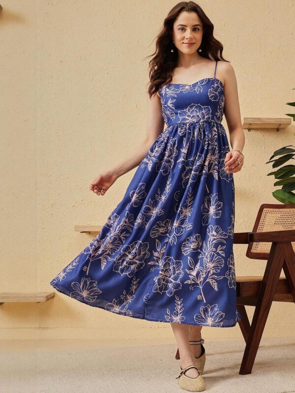 blue floral printed A line