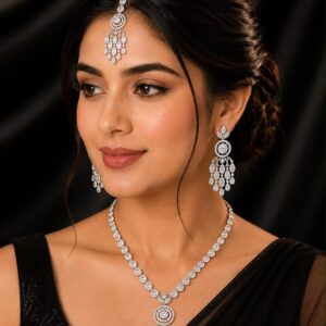 Luxury Rhodium-Plated American Diamond Necklace Set with Earrings & headpiece