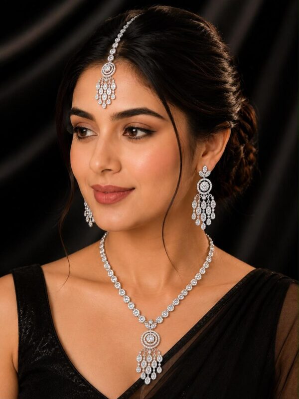 Luxury Rhodium-Plated American Diamond Necklace Set with Earrings & headpiece