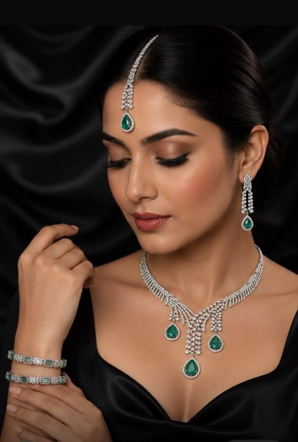 Janzie Rhodium-Plated Mint Green AD Semi Bridal Jewellery Set with Necklace, Earrings, Maang Tikka & Bangles