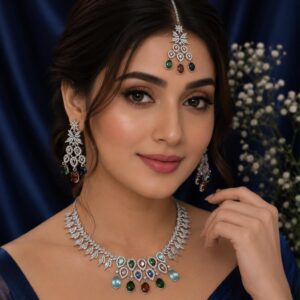 Rhodium Plated American Diamond Bridal Necklace Set with Multi-Colour Stone Drops & Maang Tikka