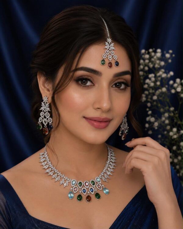 Rhodium Plated American Diamond Bridal Necklace Set with Multi-Colour Stone Drops & Maang Tikka