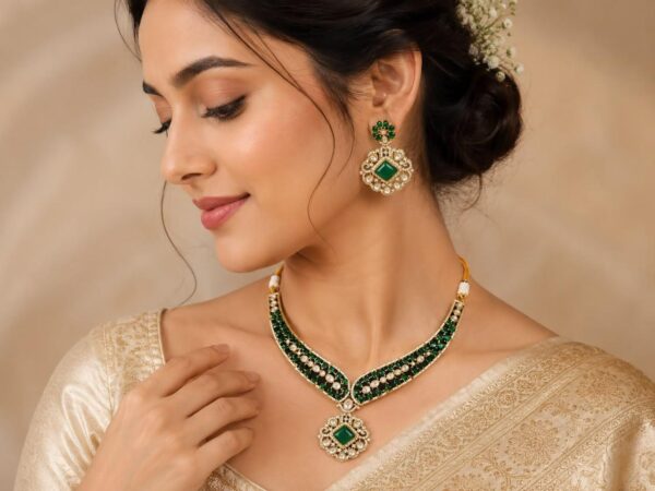 Janzie Green Moissanite Stone Necklace Set with Matching Earrings | Gold Plated Traditional Wedding Jewellery for Women