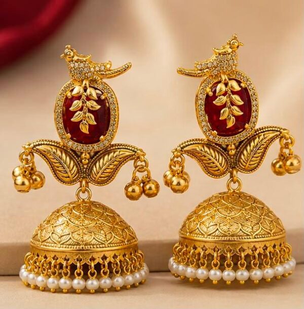 Kashmiri Maroon Stone Antique Gold Plated Jhumka Earrings with Pearl Drops