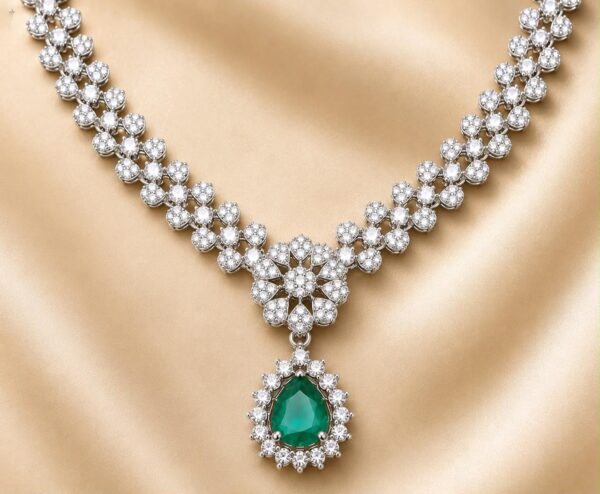 Rhodium Polish American Diamond Floral Necklace Set with Emerald Green/ baby pink Teardrop Pendant & Matching Earrings