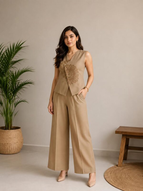 Women’s Beige Embroidered 3-Piece Co-Ord Set with Sleeveless Vest & Wide-Leg Pants