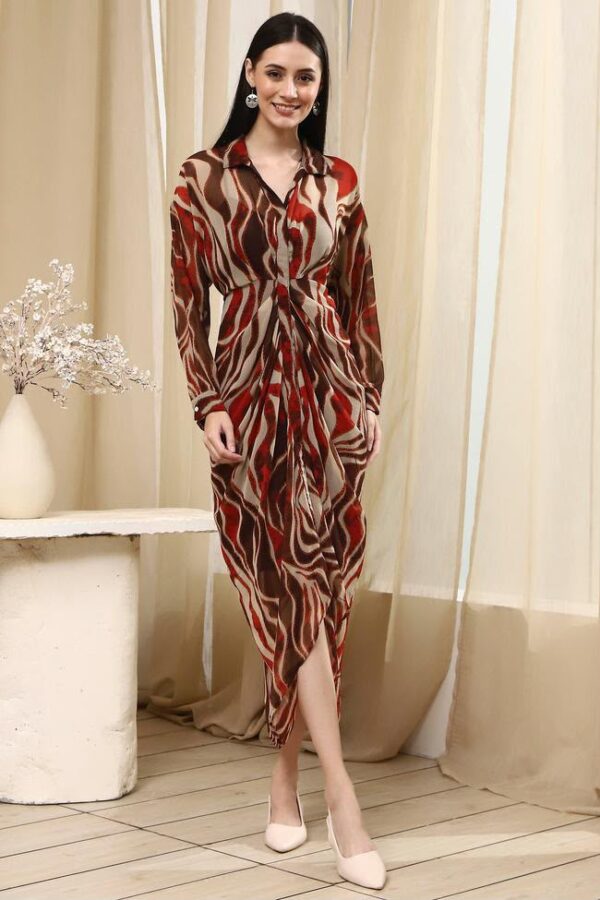Brown Printed V-Neck Midi Dress