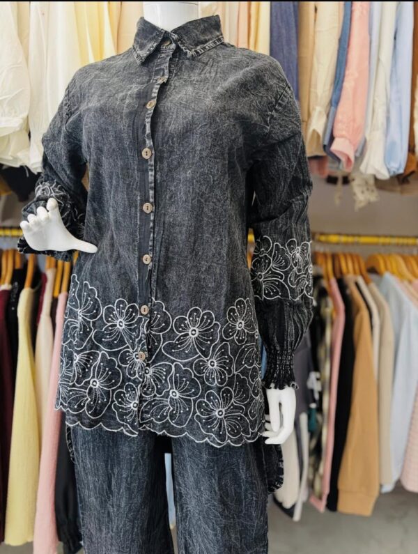 Black Denim Embroidered Shirt & Pant Co-ord Set
