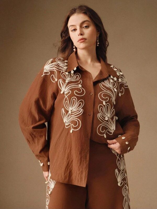 Women’s Brown Embroidered Shirt & Straight Pants Co-ord Set